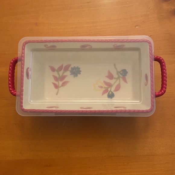 vb Loaf Pan with Lid Two Handles Ceramic Flowers Poinsettias - Picture 5 of 14